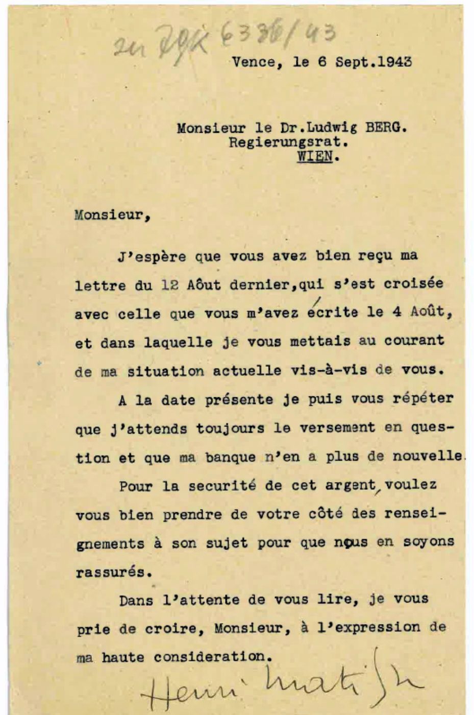 Brief von Matisse